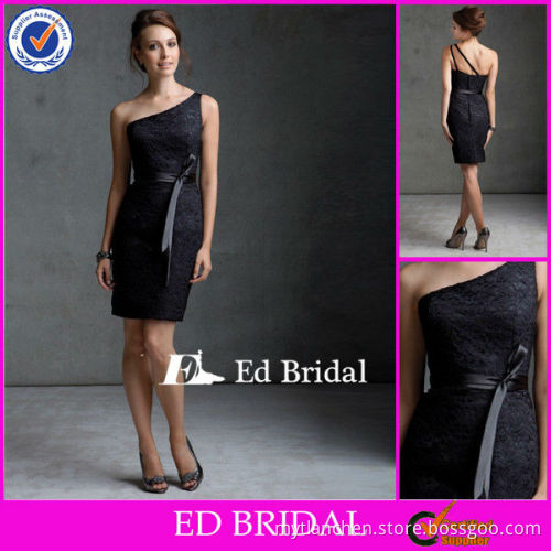CB28 Elegant One Shoulder Tight Short Black Lace Bridesmaid Dress